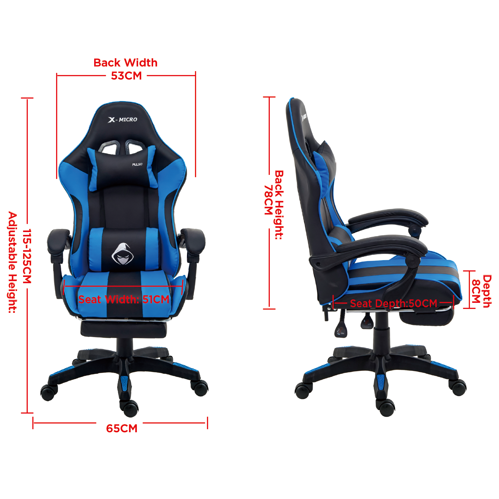 X-MICRO Silla Gamer Ergonómica Azul con Cojines Lumbar y Cervical, Reclinable y con Reposapiés XM-B98BU