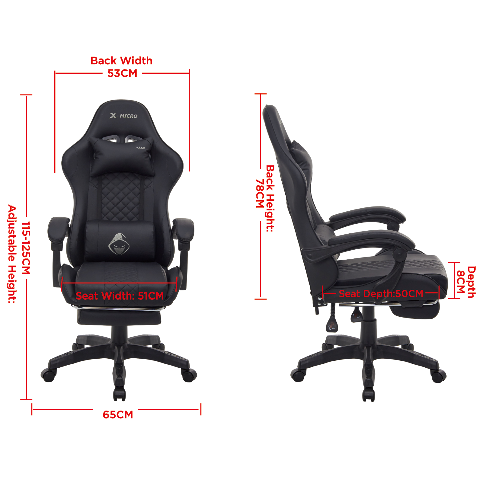 X-MICRO Silla Gamer Ergonómica Negra con Cojines Lumbar y Cervical, Reclinable y con Reposapiés XM-B99BK