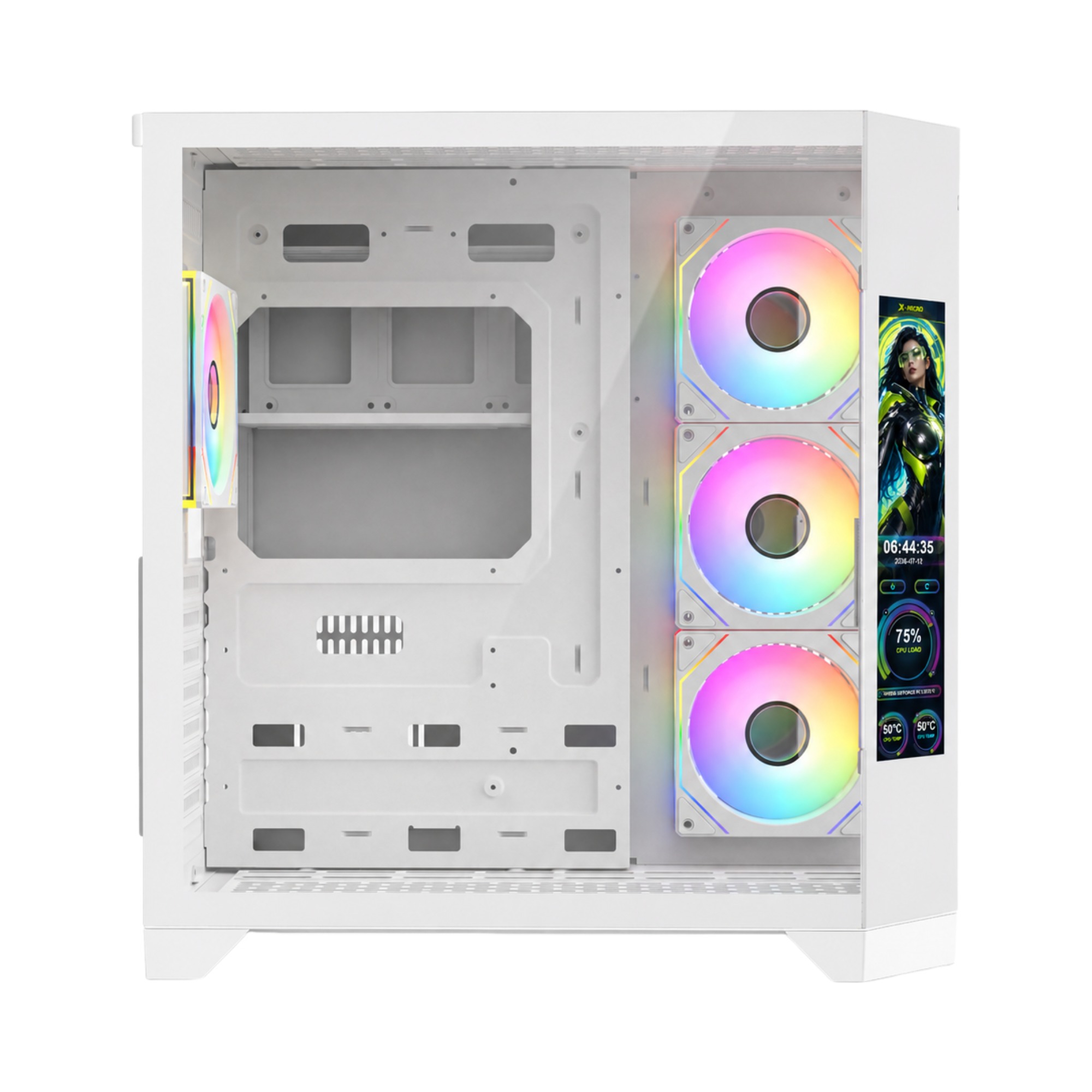 X-MICRO Gabinete Gamer Invictus Pro 9 LCD con pantalla integrada – Blanco – CSIP-9L-1W