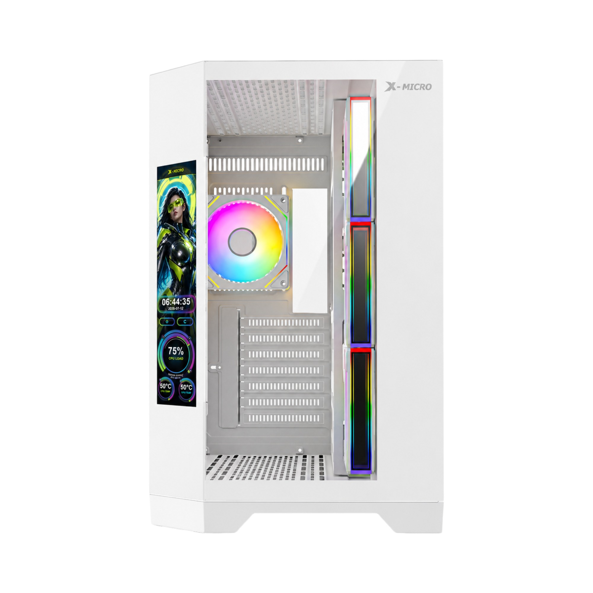 X-MICRO Gabinete Gamer Invictus Pro 9 LCD con pantalla integrada – Blanco – CSIP-9L-1W