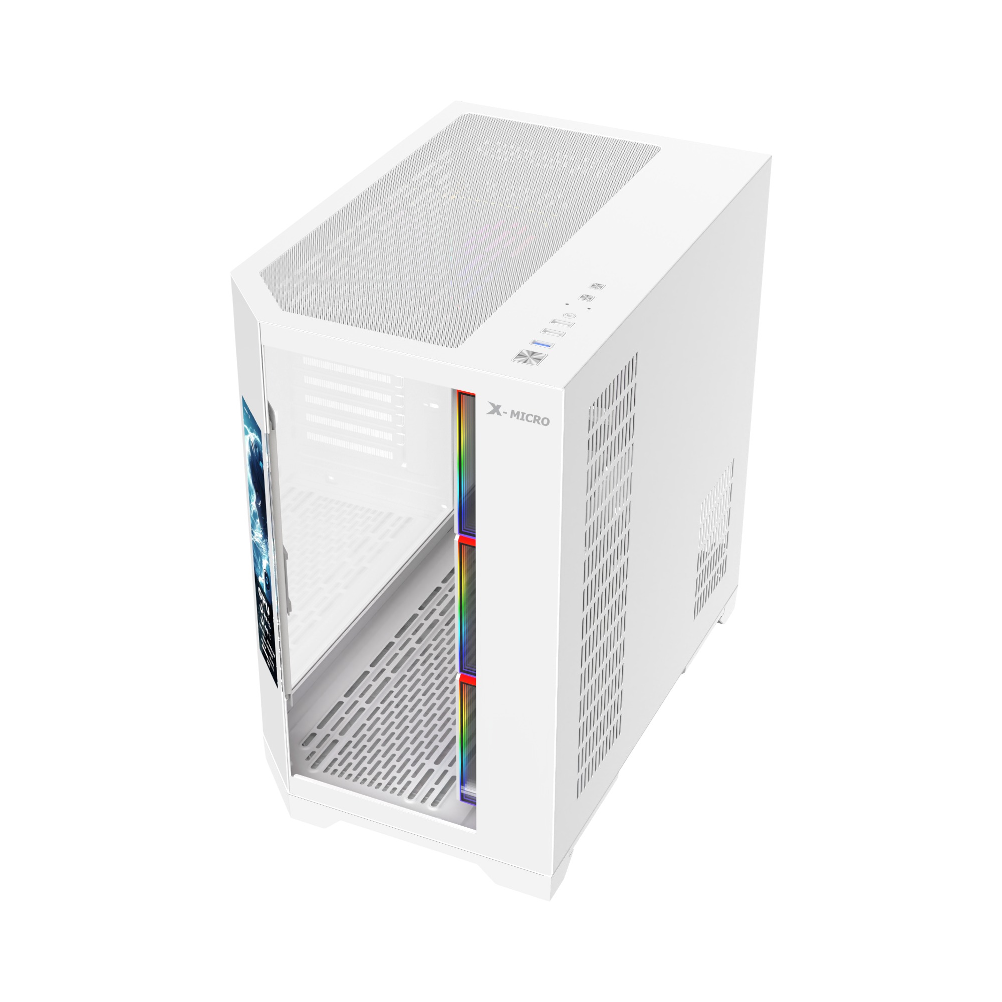 X-MICRO Gabinete Gamer Invictus Pro 9 LCD con pantalla integrada – Blanco – CSIP-9L-1W