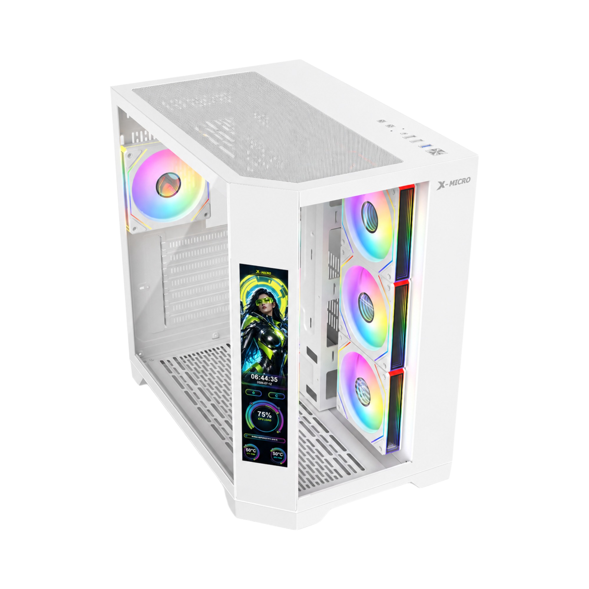 X-MICRO Gabinete Gamer Invictus Pro 9 LCD con pantalla integrada – Blanco – CSIP-9L-1W